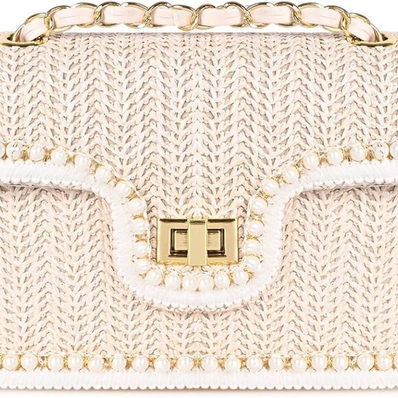 Straw Crossbody Bag Women Summer Pearl Woven Shoulder Vacation Handbag - Picture 1 of 7
